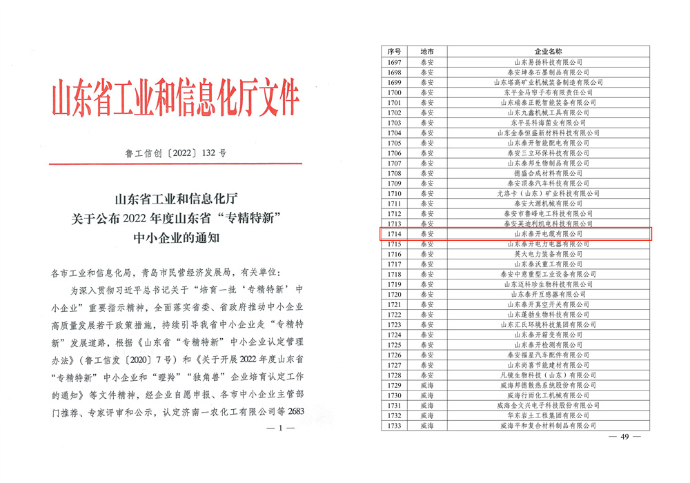 山东省“专精特新”中小企业